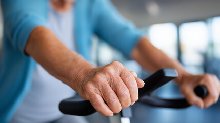 Obraz premium Close-up of elderly hands gripping stationary bike handlebars during a fitness session, senior cardio exercise concept, retirement wellness, indoor cycling for elderly, defocused