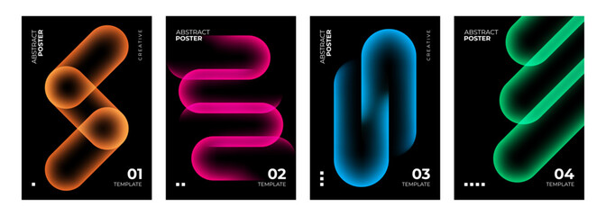 Naklejka premium Set of Abstract Posters. Bright neon colored gradient geometric shapes on black background. Creative graphic designs. Vector illustration.