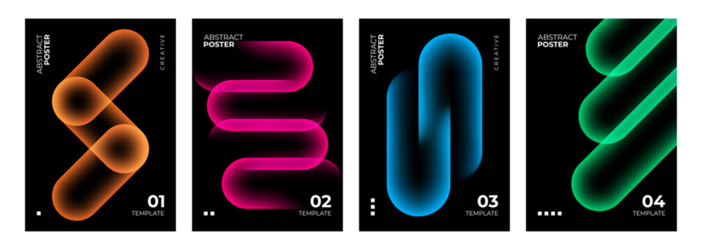 Set of Abstract Posters. Bright neon colored gradient geometric shapes on black background. Creative graphic designs. Vector illustration.