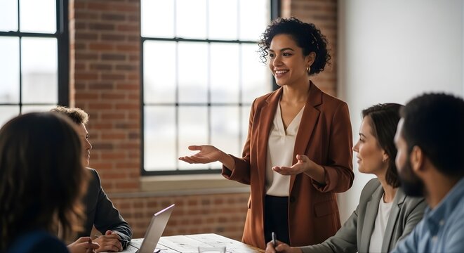Confident Young Latina Business Leader Facilitating Creative Strategy Session &mdash; Hispanic Female Executive Presenting to Diverse Team in Bright Industrial-Chic Co-Working Loft