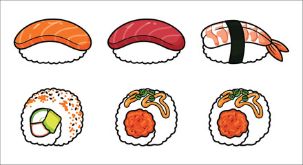 sushi set colorful cartoon illustration on white background © Vactor media 