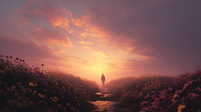 A serene sunset illuminates a path through vibrant flowers, evoking peace and tranquility in nature's beauty.