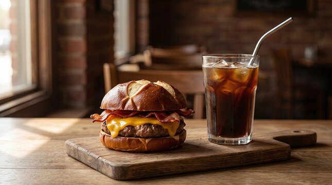 Gourmet burger with crisp bacon and melted cheese on a pretzel bun, alongside a refreshing iced beverage with a reusable metal straw on a rustic table