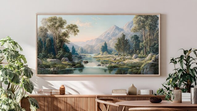 Luxury modern home interior featuring a stylish living room with a fireplace and a wooden dining room set near a large window with a summer view