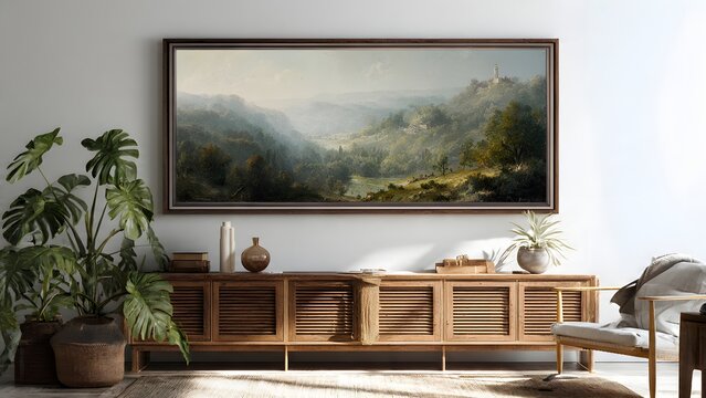 Modern living room interior featuring a luxury fireplace and wooden furniture within an empty house design overlooking a scenic window view
