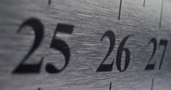Slow Pan Over Metal Ruler. Smooth slow movement across extreme close-up of metallic ruler with black numbers and brushed surface.
