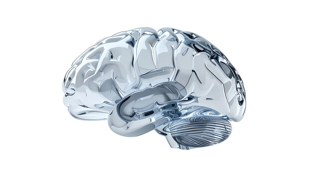 3d glass morphism, human brain, isolated on transparent background.