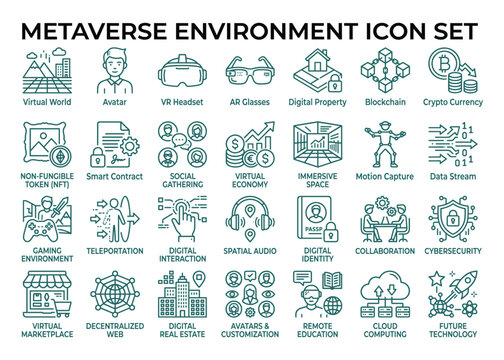 Metaverse environment icon set including avatar virtual world blockchain and nft web illustration.