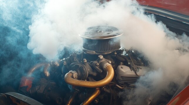 Smoky engine compartment of a classic car