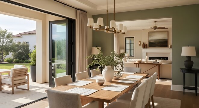 Contemporary luxury apartment interior featuring a modern living room with a fireplace and stylish wood furniture in an open design including a dining room with a sleek table and chairs