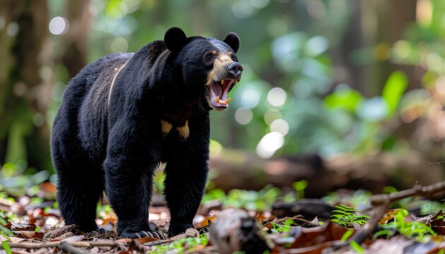 Sun bear in the rainforest with mouth open showing teeth.