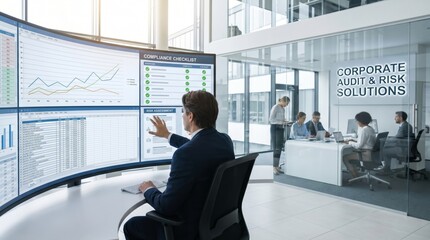 Fototapeta premium Professional finance and accounting consulting using SaaS dashboard for corporate audit and risk solutions management with data analysis and financial monitoring in a modern office workspace.