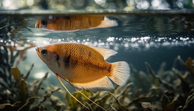 Close-up of a golden gourami fish swimming in an aquarium with aquatic plants.