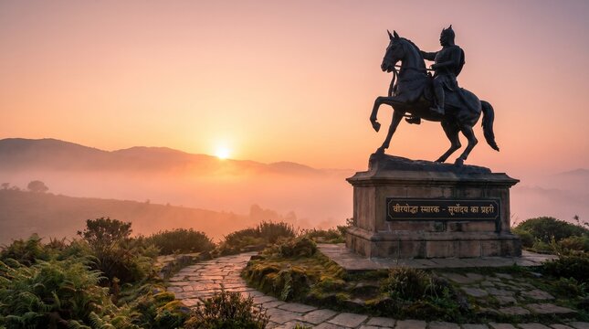 Maharana Pratap Bronze Statue at Sunrise with Misty Valley Udaipur
