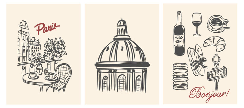 Hand drawn retro French posters and prints