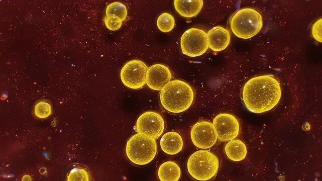 Dramatic 4K microscopic view, 1000x zoom. Clusters of golden-yellow Staphylococcus bacteria are slowly dividing and subtly shifting within a semi-viscous matrix. Light refracts through the medium, cre