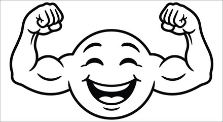 Obraz premium cartoon face with flexed biceps black and white line drawing