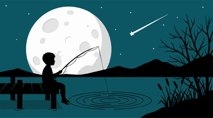 Boy fishing from pier under full moon and shooting star at tranquil night © Tahphoto