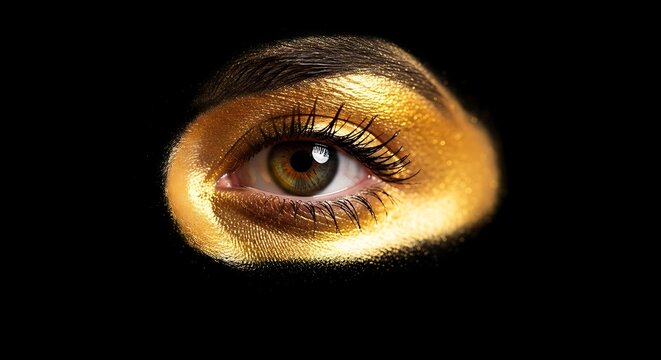 Close-up of a woman's eye with striking golden eye shadow and thick lashes, set against a stark black background, highlighting beauty and glamour
