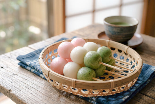 竹かごに盛られた三色団子