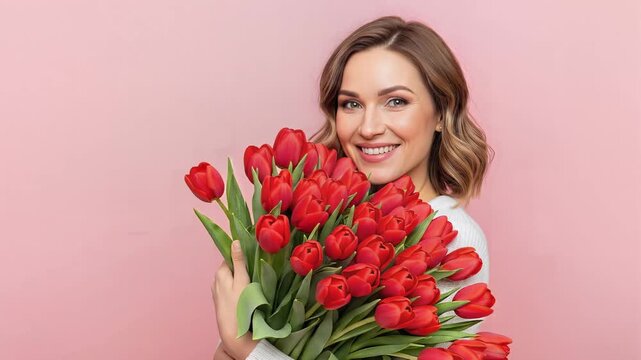 Smiling Woman Holding Red Tulips Bouquet on Pink Background.