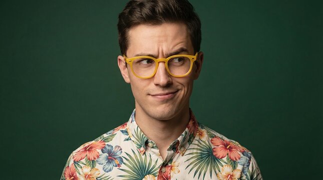 Young man in bright floral short-sleeve shirt and yellow glasses with a skeptical, funny, or confused expression, isolated on a green studio background with copy space
