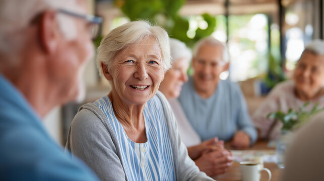 Rear view of a group of seniors gathered around a table playing a board game indoors, social activity concept, senior community engagement, retirement fun, defocused background, with copy
