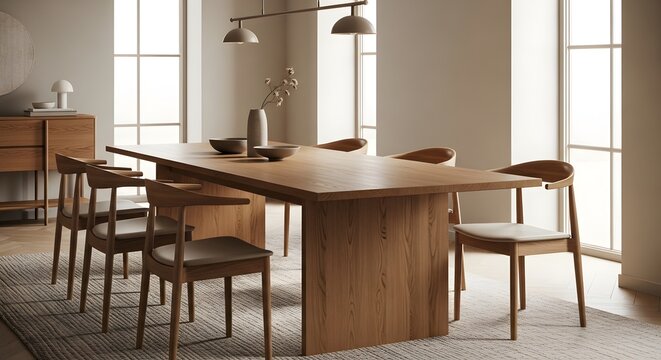 A modern dining room interior features a luxury wooden table and chairs set on a wood floor near a window, showcasing elegant home furniture design and style in a bright indoor architecture