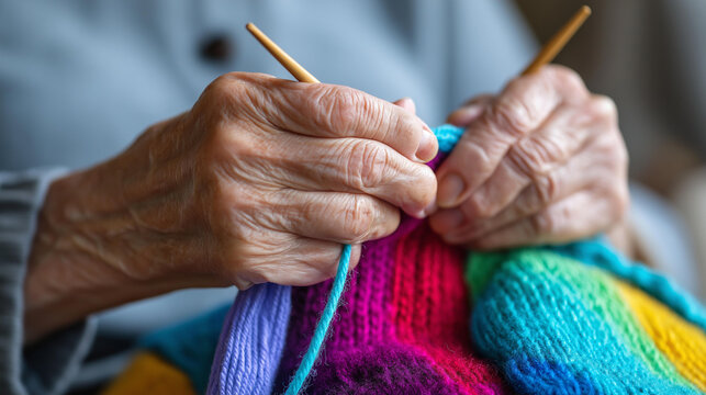 Close-up of wrinkled hands knitting with colorful yarn and needles, senior craft hobby concept, handmade textile activity, mindful aging, defocused background, with copy space