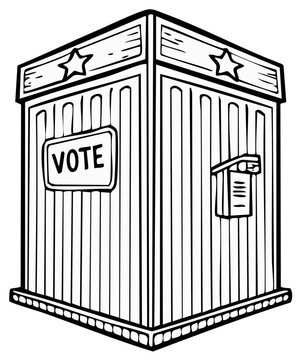 Doodle style voting booth. Hand drawn image of a simple rectangular voting station with stars and vote sign.
