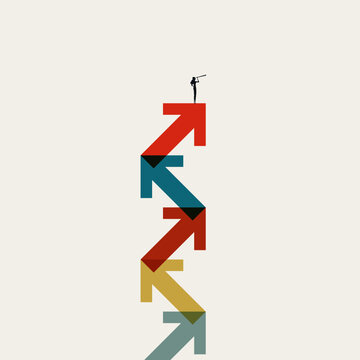 Business growth vector concept. Businesswoman standing on top of zigzag arrows. Career success, vision and opportunity. Minimal eps10 illustration and infographics