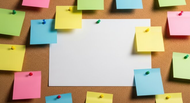 Colorful sticky notes pinned on cork board with blank white paper in center