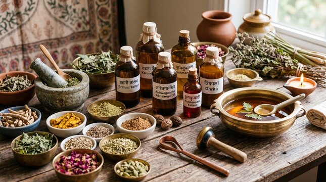 Ayurvedic Oils and Herbs Still Life | Traditional Healing Ingredients
