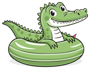 Fototapeta premium Cartoon alligator in an inflatable pool float smiling happily