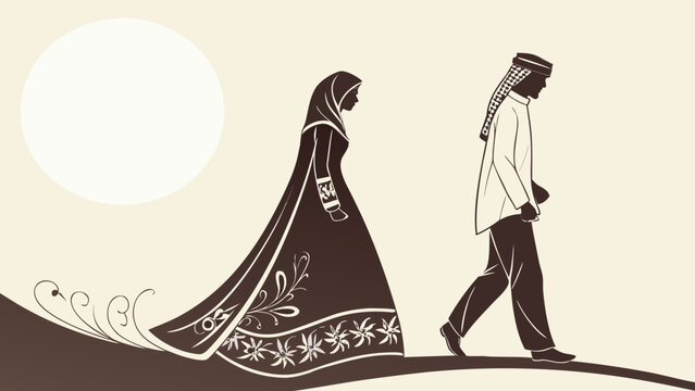 Muslim bride and groom silhouette in traditional dress.