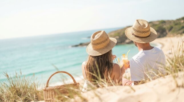 Couple enjoying cocktails with a scenic ocean view