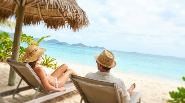 Couple relaxing on lounge chairs under a palapa on a tropical beach overlooking the ocean
