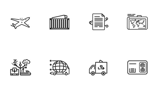 Logistics Icons: A comprehensive set of modern line art icons representing essential elements of global logistics, encompassing transportation, documentation, and digital tracking. 