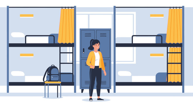 Woman standing in hostel room with bunk beds and lockers