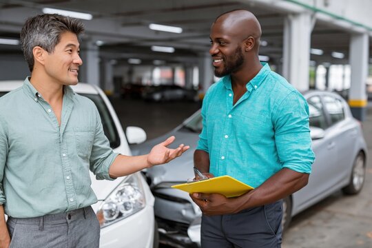 Two men discussing vehicle inspection in multilevel parking garage