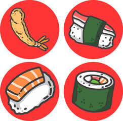 Set of Japanese Sushi Icons with Salmon Nigiri Ebi Tempura and Maki Roll Illustration © kazanma73