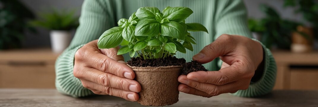 Hands planting basil seedlings in biodegradable pot indoors