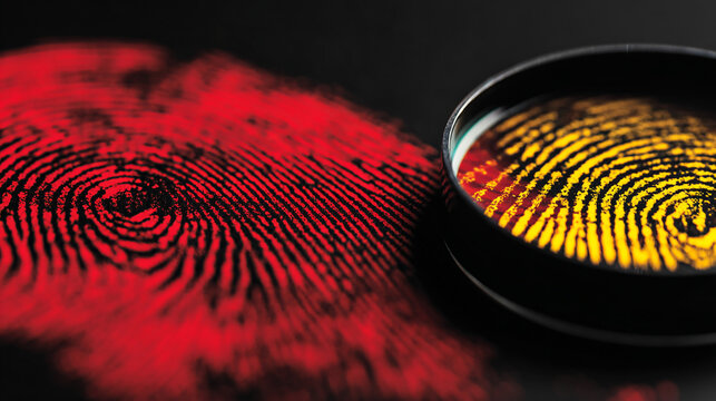 Fingerprint scanning technology for fraud detection and security magnified prints in red and yellow on a black background