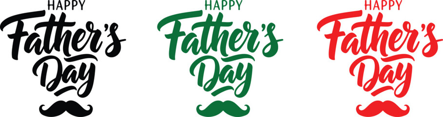 Naklejka premium Festive father's day typography three colorful designs with brushstroke lettering and moustache