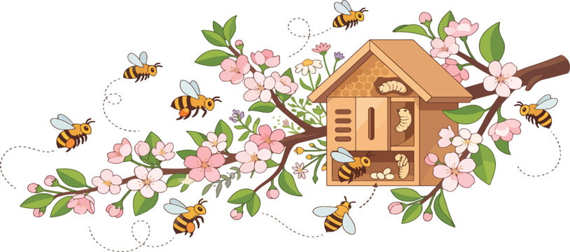 Cartoon beehive hanging on branch