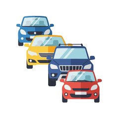 Fototapeta premium Colorful cars in a row, flat design, automotive concept, traffic illustration
