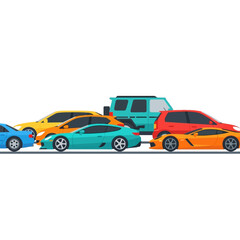 Fototapeta premium Colorful Cars Lined Up On White Background, Traffic Jam Concept