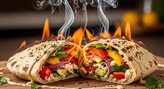 Hot and Freshly Cooked Pita Bread Stuffed with Delicious Vegetables and Cheese, Smoked and Steaming