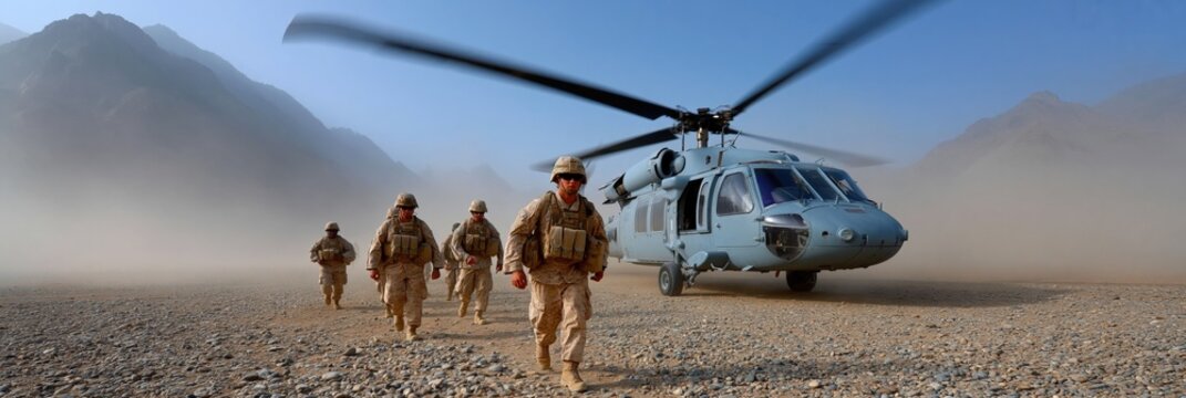 Soldiers exiting helicopter onto rocky plain with distant mountains
