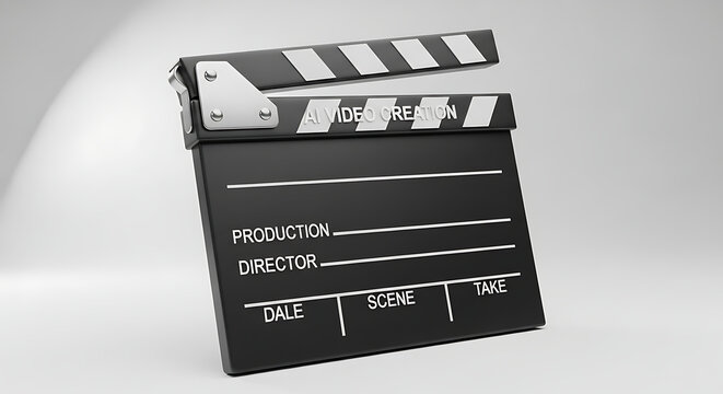 Film production clapperboard for ai video creation with professional cinematic equipment design isolated on clean white background for media industry.